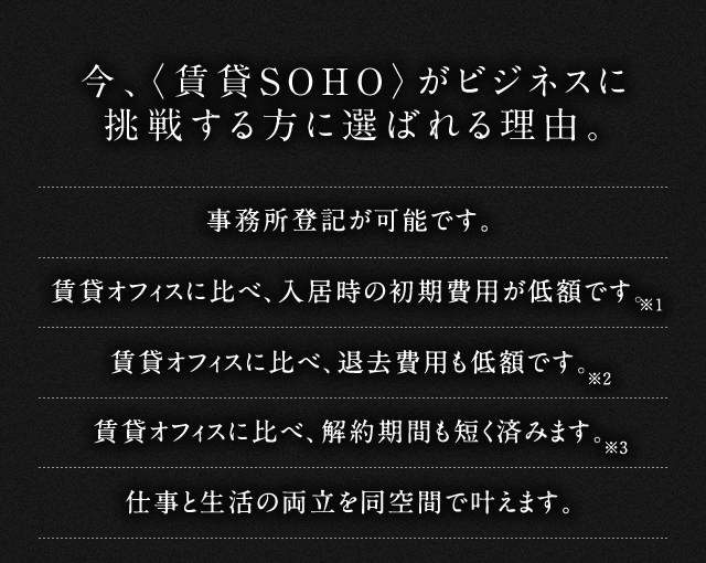今、〈賃貸SOHO〉がビジネスに挑戦する方に選ばれる理由。