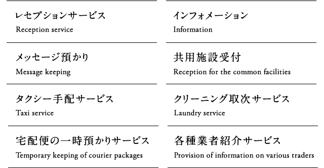 レセプションサービス/インフォメーション/タクシー手配サービス/クリーニング取次サービス/メッセージ預かり/共用施設受付/宅配便の一時預かりサービス/各種業者紹介サービス